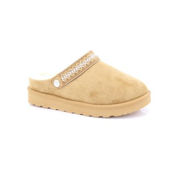 Ladies Camel Faux Fur Lined Clogs Style Slip On Cuff Mule Slipper Sandal