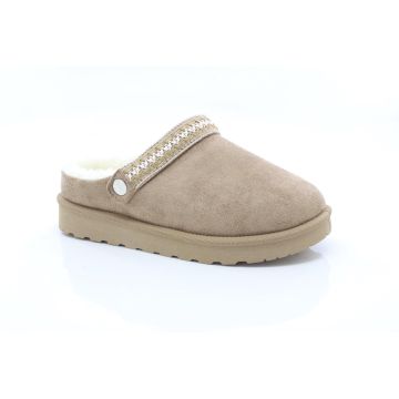 Ladies Khaki Faux Fur Lined Clogs Style Slip On Cuff Mule Slipper Sandal