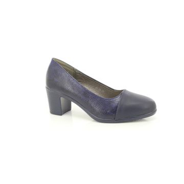 Ladies Navy Snake Print Comfort Casual Slip-On Mid Heel Court Shoes