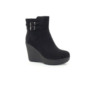 Ladies Black Suede Twin Buckle Strap Inside Zip Wedge Heel Ankle Boot