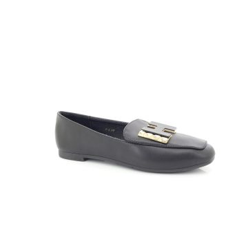 ShuCentre A5 Ladies Black Diamante Buckle Casual Slip On Loafers Shoes