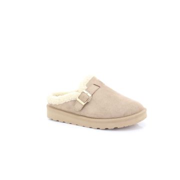 Ladies Khaki Faux Fur Lined Buckled Strap Cuff Mule Slipper