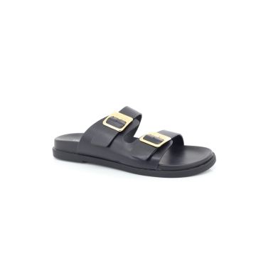 ShuCentre H098 Ladies Black Twin Buckle Strap Slip On Flat Mule Sandal