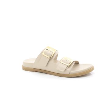 ShuCentre H098 Ladies Beige Twin Buckle Strap Slip On Flat Mule Sandal