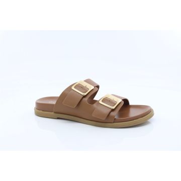 ShuCentre H098 Ladies Brown Twin Buckle Strap Slip On Flat Mule Sandal