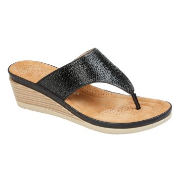 CIPRIATA L238A`SANDRA´Black Sparkle PU/Textile Toe Post Diamonte Wedge Sandal