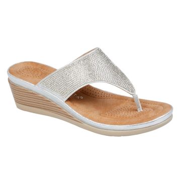 CIPRIATA L238FS SANDRA´Silver Sparkle PU/Textile Toe Post Diamonte Wedge Sandal