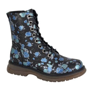 CIPRIATA L310ACM ANNETTA Black/Blue Floral Matt PU 8 Eye Lace Inside Zip Boot