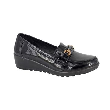 Boulevard L407AP Black Patent PU Saddle Trim Wedge Casual