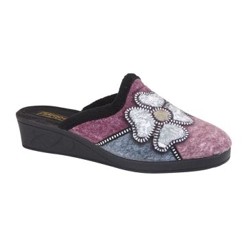 Sleepers KIMBERLY LS360AM Black Multi Velour Flower Trim Mule Slipper