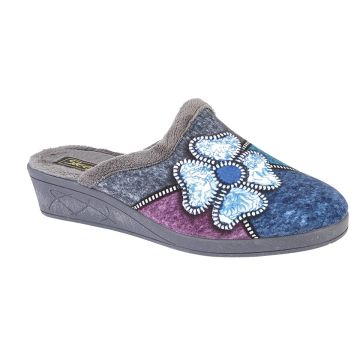 Sleepers KIMBERLY LS360FM Grey Multi Velour Flower Trim Mule Slipper