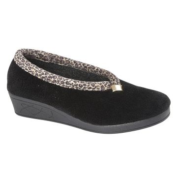 Sleepers DAWN LS843A Black Ocelot Velour Wedge Knitted Lining Slipper