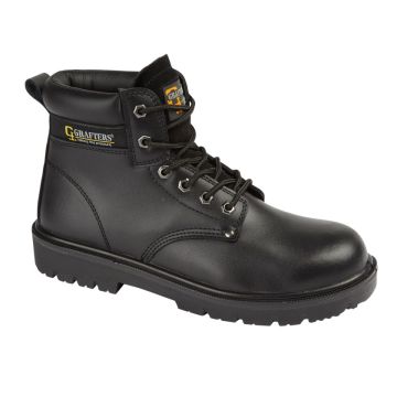 Grafters M958A Black Smooth Action Leather 6 Eye Safety Boot Steel Safety Toe Cap & Stainless Steel Midsole