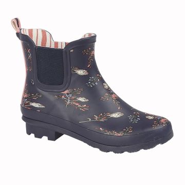 StormWells W207NC Navy/Floral Print Rubber Ladies Gusset Ankle Wellington