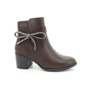 ShuCentre Ladies Brown Diamante Bow Inside Zip Mid Heel Ankle Boot