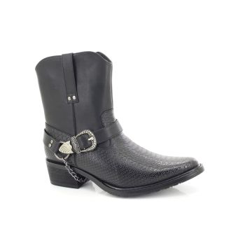 ShuCentre Men's Black Cuban Heel Smart Chain Buckle Cowboy Boots