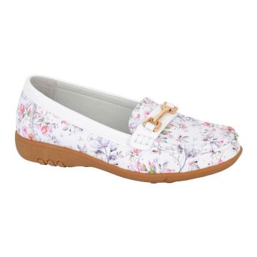 Boulevard L643G White Floral Print Leather Saddle Trim Loafer