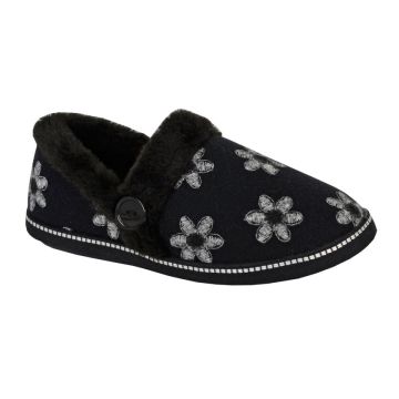 Sleepers TRINA Black Textile Faux Fur Cuff Flower Slipper