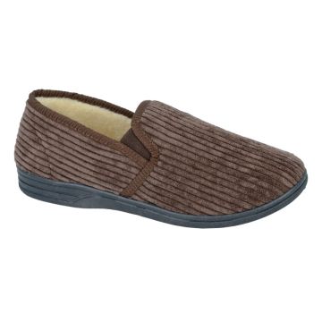  Zedzzz MS542B KEITH Brown Corded Textile Ribbed Twin Gusset Warm Lined Slipper